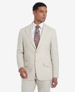 Tan Talia men's suit displayed on mannequin at Libin’s Menswear